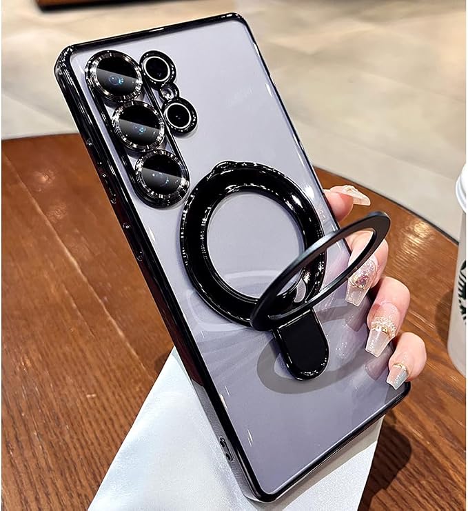 Magnetic for Samsung Galaxy S24 Ultra Case Stand & Ring Holder Compatible with MagSafe Built-in Camera Lens Protector Phone Case for Samsung S24 Ultra - Black