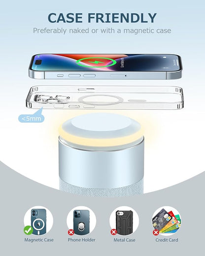 COLSUR Bluetooth Speaker, Magnetic Wireless Charger, Bluetooth Speakers with Night Light, 2 in 1 Wireless Charging Station for iPhone 17/16/15/14/13/12 Series, AirPods Pro 2/4/3/2（Gift Ideal）