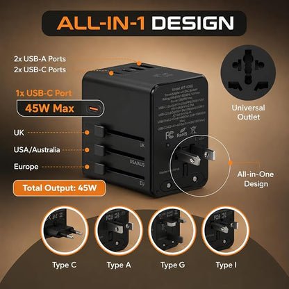 Compact Travel Adapter Europe & Power adapters for International Travel, UK, US, EU and 200+ Countries with Fast USB-C & USB-A Charging