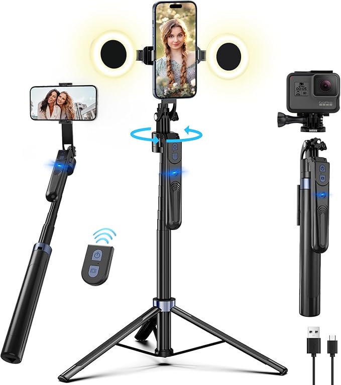 70" Auto Face Tracking Tripod for iPhone,360 Rotation Travel Selfie Stick Stand,Face Tracking Phone Tripod with Light and Remote,Applied to Tiktok YouTube Vlog Video Recording
