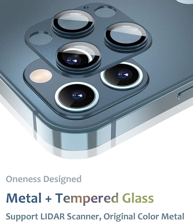 [2 Pack] Tamoria Compatible for iPhone 12 Pro Max Camera Lens Protector Metal Plus Tempered Glass Camera Cover Oneness Design, Support LIDAR Scanner, Explosion-Proof Accessories Blue