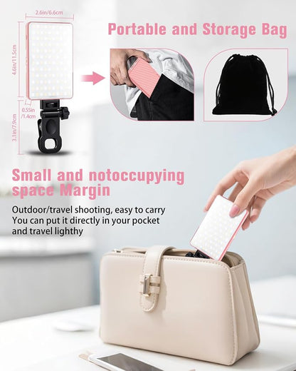 168 LED Selfie Light for iPhone, Phone Light, 3000mah Rechargeable Picture Light Clip Portable Lights for Phone, Camera, Laptop, iPad, 3 Lights Modes for Makeup, Video Conference, TikTok, Vlog (Pink)