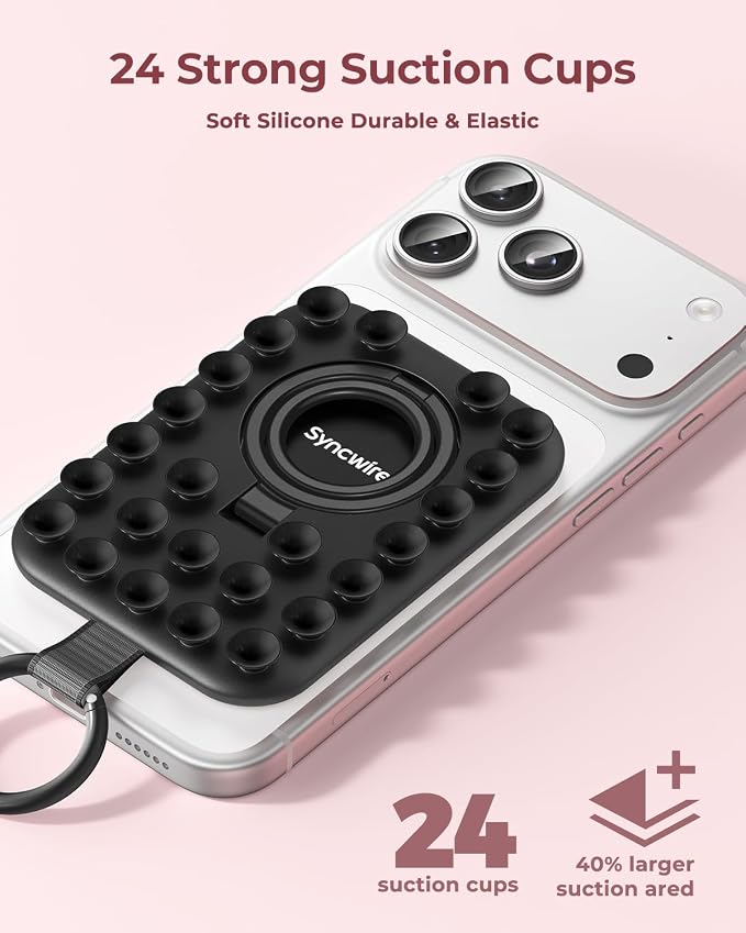 Syncwire Magnetic Suction Phone Mount for MagSafe, Silicone Octo Cup Buddy Sticky Grip Ring Holder, Hands-Free/Selfie/Video for TikTok & Instagram Influencer/Creator, iPhone Compatible,Midnight Black