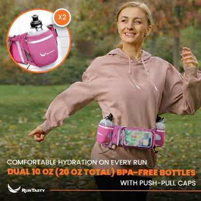 No.1 Hydration Belt by Runtasty - Premium Running Fuel Belt w/2 BPA-Free 10 oz Water Bottles, Tilt-Up Pocket w/Touchscreen-Ready Cover - Fits All iPhones, Runners Ebook & No-Bounce Design