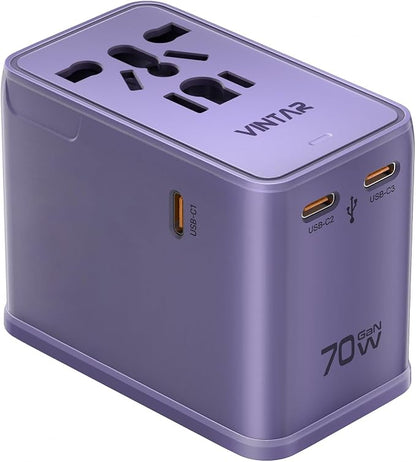 VINTAR 70W GaN Universal Travel Adapter, 5 in 1 with 3 USB-C PD& 1 USB-A QC | International Power Adapter with 70W GaN Fast Charging, All-in-one for EU UK USA AUS, Worldwide Travel Essentials, Purple