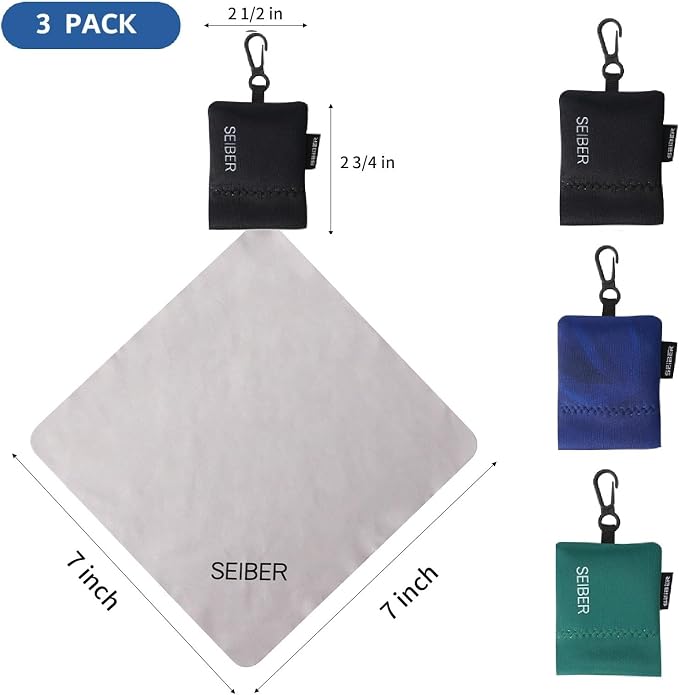 SEIBER Eyeglass Cleaning Microfiber Cloth,7 x 7 inch Glasses Cloth for Sunglasses,Laptops, Cameras,Screen- with Neoprene Pouch,Self-Closing Bottom(3PCS,BKBlueGRN)