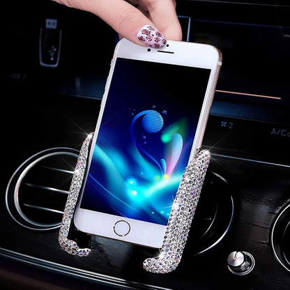 SUNCARACCL Bling Car Phone Holder Mini Dash Air Vent Automatic Phone Mount Universal 360°Adjustable Crystal for Women and Girls (White)