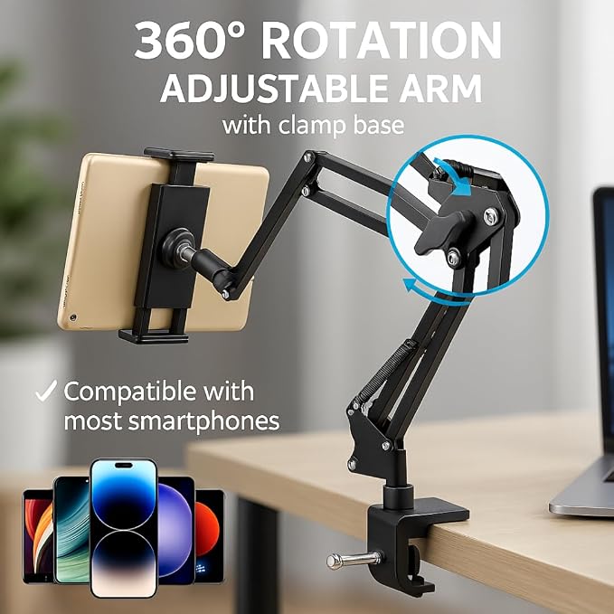 2 in 1 Gooseneck Phone Holder for Bed - Ultra Sturdy Cell Phone Stand for Desk Kindle Holder for Bed Flexible Arm Clamp Tablet Mount Stand fits iPhone iPad Switch Kindle Device Black