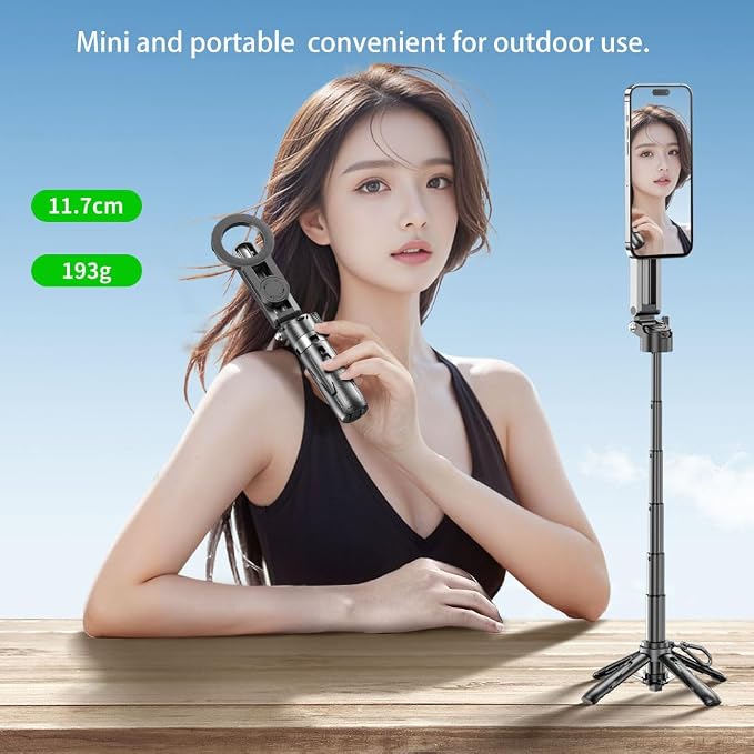 Magnetic Pocket Selfie Stick for iPhone, 4-in-1 Multifunctional Rotation Selfie Stick with Rechargeable Remote Control Compatible with iOS/Android for Live Streaming Outdoor Travel Shooting