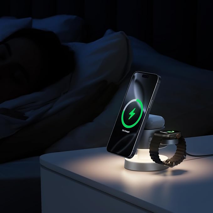 4 in 1 Magnetic Wireless Charging Station,15W Fast Charging with Night Light for MagSafe Charger Stand,3 in 1 Wireless Charger for iPhone 17/16/15/14/13Pro Max,Apple Watch&AirPods,Titanium Gray