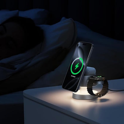 4 in 1 Magnetic Wireless Charging Station,15W Fast Charging with Night Light for MagSafe Charger Stand,3 in 1 Wireless Charger for iPhone 17/16/15/14/13Pro Max,Apple Watch&AirPods,Titanium Gray