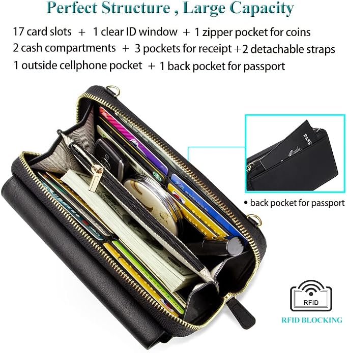 Peacocktion Crossbody Bags for Women RFID Wristlet Wallets Travel Vegan Leather Small Clutch Purses with Phone Pocket Zipper