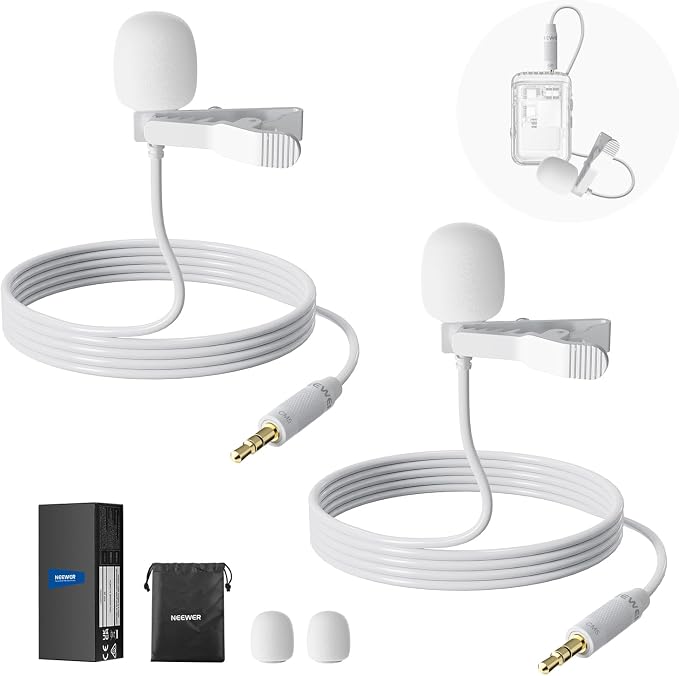 NEEWER 2 Pack Lavalier Lapel Microphone Compatible with Rode Wireless GO II 2 DJI Wireless Mic Transmitter, Omnidirectional Condenser Wired Clip On Lav Mic for Stage YouTube Live Streaming, CM5, White
