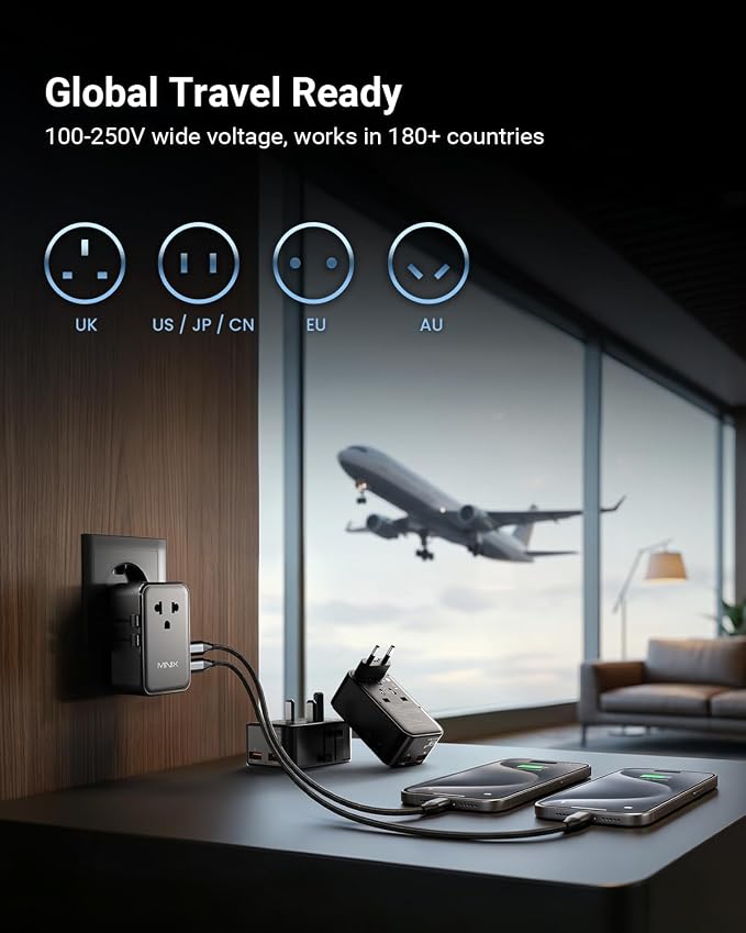 MINIX 45W Universal Travel Adapter, 5-Port Charger for Europe, US, UK & AU | GaN III International Power Adapter Slim PD Fast Charger (1AC, 2 USB-C, 2 USB-A) for Business Travel, Not a Voltage Converter