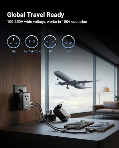 MINIX 45W Universal Travel Adapter, 5-Port Charger for Europe, US, UK & AU | GaN III International Power Adapter Slim PD Fast Charger (1AC, 2 USB-C, 2 USB-A) for Business Travel, Not a Voltage Converter