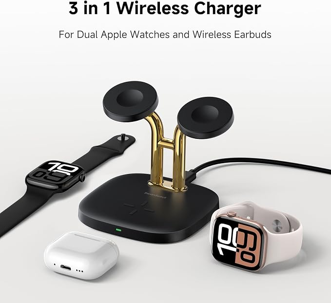 Dual Watch Charger with Fast Charging for Apple Watch, SwanScout 704A, 3-in-1 Wireless Charging Station Stand for Apple Watch Ultra 3/11/10, Wireless Charger Dock for AirPods Pro 3/4/3 (Black & Gold)