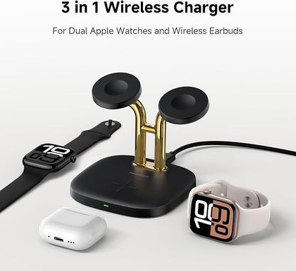 Dual Watch Charger with Fast Charging for Apple Watch, SwanScout 704A, 3-in-1 Wireless Charging Station Stand for Apple Watch Ultra 3/11/10, Wireless Charger Dock for AirPods Pro 3/4/3 (Black & Gold)