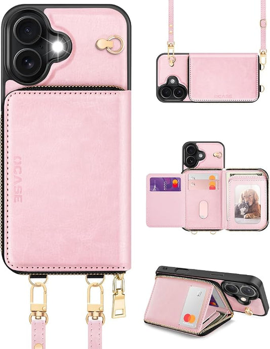 OCASE Compatible with iPhone 16 Crossbody Wallet Case with Card Holder, PU Leather Zipper Handbag Phone Purse with RFID Blocking Kickstand Wrist Strap Lanyard 6.1 Inch, Pink