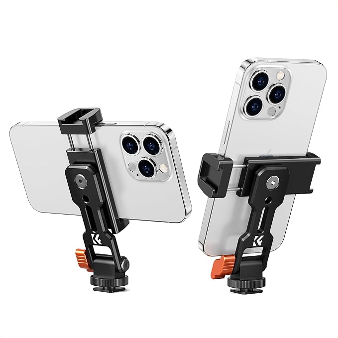 K&F CONCEPT Metal Phone Tripod Mount, Universal Smartphone Stand with 2 Cold Shoe Mount, Adjustable Cellphone Holder for Horizontal and Vertical Shooting, Compatible with iPhone/Samsung and All Phones