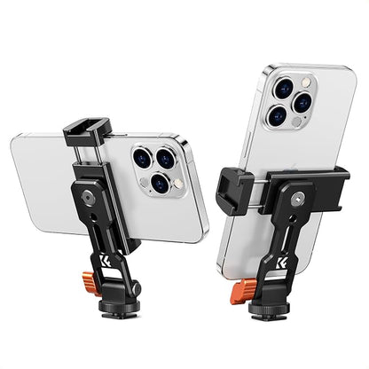 K&F CONCEPT Metal Phone Tripod Mount, Universal Smartphone Stand with 2 Cold Shoe Mount, Adjustable Cellphone Holder for Horizontal and Vertical Shooting, Compatible with iPhone/Samsung and All Phones