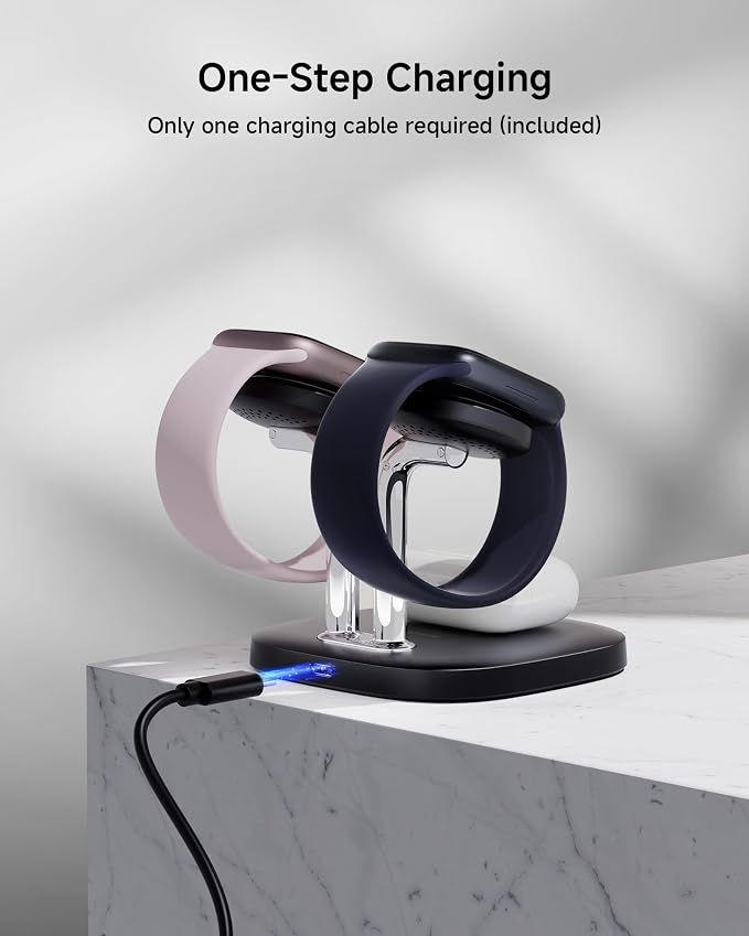 Dual Watch Charger with Fast Charging for Apple Watch, SwanScout 704A, 3-in-1 Wireless Charging Station Stand for Apple Watch Ultra 3/11/10, Wireless Charger Dock for AirPods Pro 3/4 (Black & Silver)