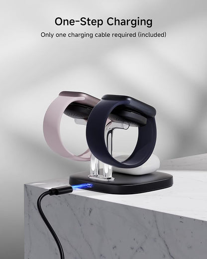 Dual Watch Charger with Fast Charging for Apple Watch, SwanScout 704A, 3-in-1 Wireless Charging Station Stand for Apple Watch Ultra 3/11/10, Wireless Charger Dock for AirPods Pro 3/4 (Black & Silver)