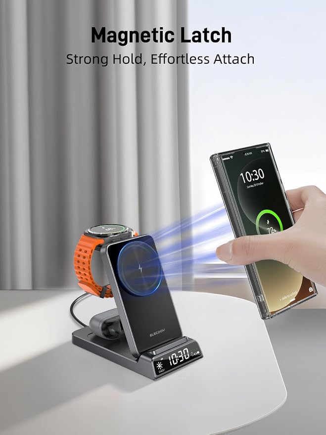 Wireless Charger for Samsung, Magnetic Charging Station for Galaxy S26 Ultra S25 S24, Z Fold/Flip & Buds4 Pro - 3 in 1 Android Phone Watch Charger - Nightstand Bedside Stand for Travel