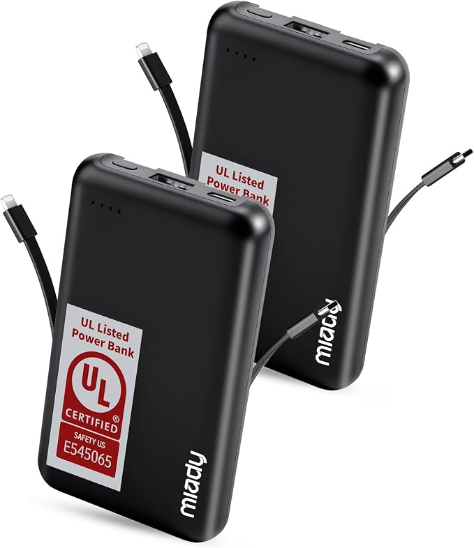 Miady UL Listed 2-Pack Small Portable Charger 5000mAh Power Bank for Travel | 18.5Wh丨Built-in 2 Cables丨3 Outputs 2 Inputs丨Compatible with iPhone Android etc丨Flight-Safe丨for Backpack Campingl丨Black+Black