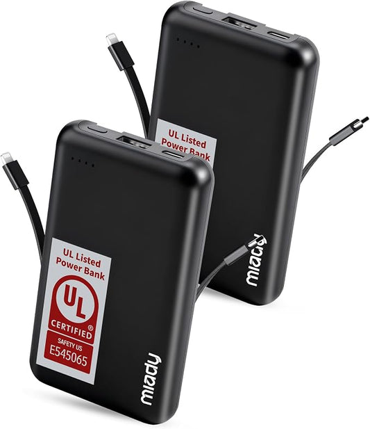 Miady UL Listed 2-Pack Small Portable Charger 5000mAh Power Bank for Travel | 18.5Wh丨Built-in 2 Cables丨3 Outputs 2 Inputs丨Compatible with iPhone Android etc丨Flight-Safe丨for Backpack Campingl丨Black+Black