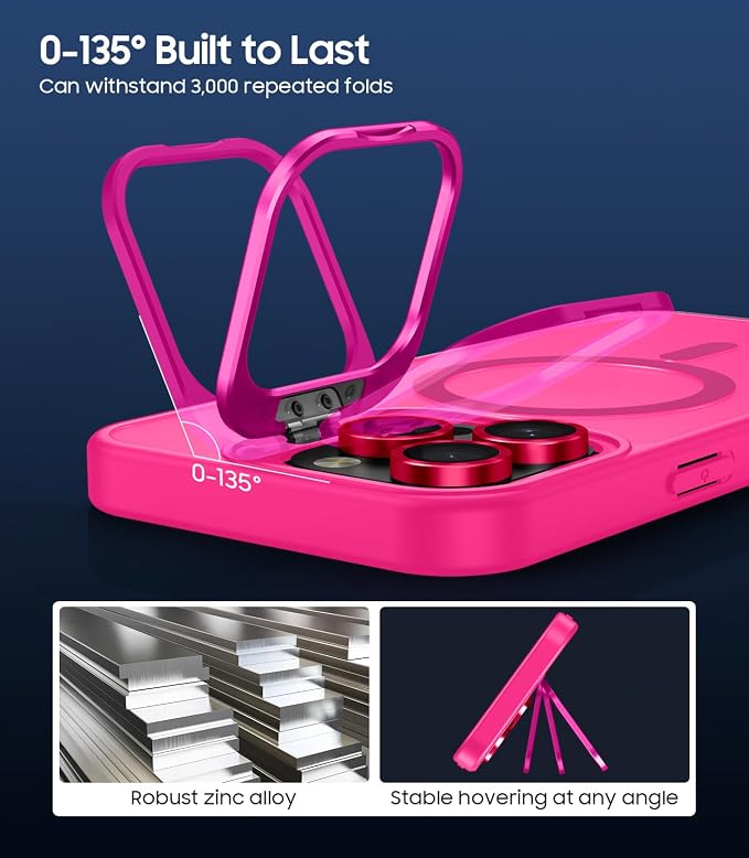 for iPhone 16 Pro Max Case, Compatible with MagSafe, Built-in Camera Ring Stand, with Individual Camera Cover, Translucent Matte Military-Grade Drop Protection Magnetic Case, Hot Pink