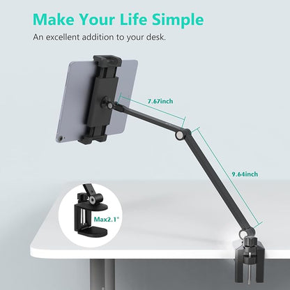 iPad Desk Mount, Adjustable Tablet Holder Clamp, 360 degree Rotation, Sturdy Aluminum Tablet Arm Mount for 4.7"-13" iPad Pro/Air/Mini, iPhone, Galaxy Tab, for Kitchen, Work, Video Call(Black)