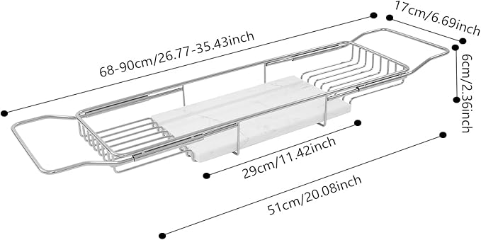 Expandable Bathtub Tray Caddy for Luxury Bath, Extra Wide Acrylic Tub Tray with Natural Marble Board, Waterproof Bath Tub Shelf for Phone, Wine, Book, Tablet Stand - Ideal Home Spa (Silver, White)