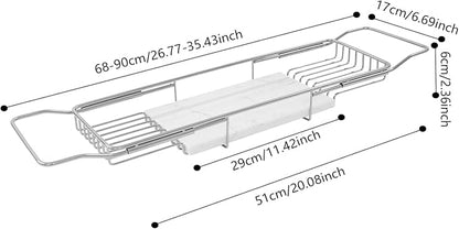 Expandable Bathtub Tray Caddy for Luxury Bath, Extra Wide Acrylic Tub Tray with Natural Marble Board, Waterproof Bath Tub Shelf for Phone, Wine, Book, Tablet Stand - Ideal Home Spa (Silver, White)
