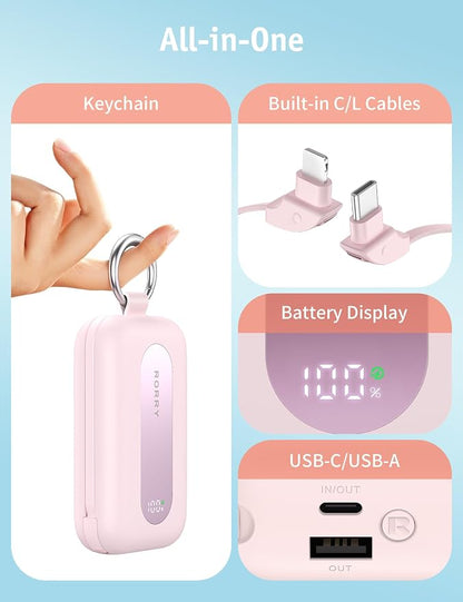 RORRY CharmGo Portable Charger 20000mAh 30W Power Bank 4 in 1 Battery Pack | Built-in Cables,Fast Charging,Keychain,Travel Essentials,Portable,for iPhone 17/16/15/14/13,for iPad Air/Pro,for AirPods