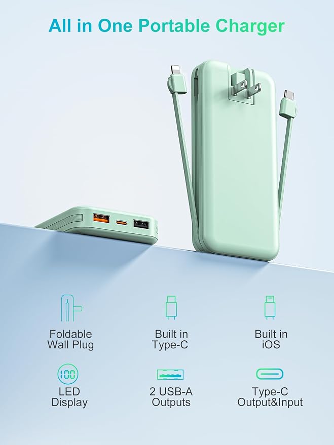 Portable Power Bank, 10000mAh PD20W Phone Charger with Built-in Cables and Wall Plug, USB C Fast Charging Battery Bank with Smart LED Display, External Battery Pack for iPhone, iPad, Samsung etc Green