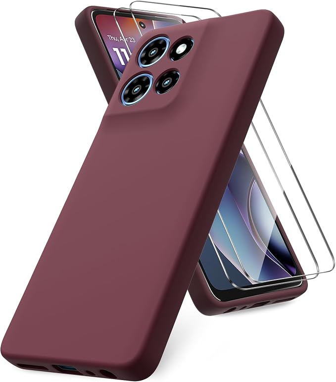 for Motorola Moto G 2025 Case, 2 Pack Tempered Glass Screen Protectors, Soft TPU Liquid Silicone Shockproof Gel Case-Burgundy