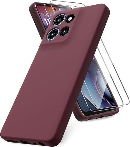 for Motorola Moto G 2025 Case, 2 Pack Tempered Glass Screen Protectors, Soft TPU Liquid Silicone Shockproof Gel Case-Burgundy