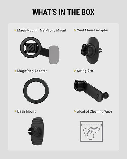 Scosche 5-in-1 MagSafe Car Mount Compatible with Popsocket, Magnetic Vent, Back-of-Display and Dashboard Cell Phone Holder, Tesla Phone Mount Compatible with iPhone 17/16/15/14/13/12, Samsung S25