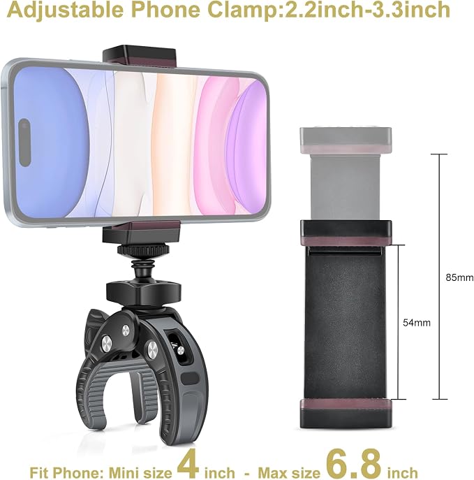 UTEBIT Camera Mount Clamp with 360° Rotataion 1/4 Screw Head + Cell Phone Tripod Mount and Adapter Mount Compatible for Gopro Action Cam Bike Motorcycle Handlebar