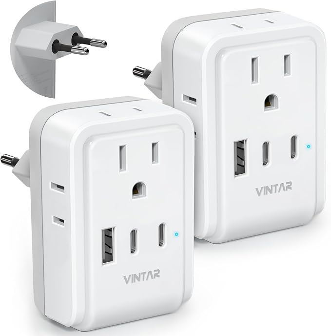2 Pack European Travel Plug Adapter, VINTAR Europe Adaptor with 4 AC Outlets 3 USB Ports(2 USB C), Type C International Power Adapter for US to Most of Europe EU Italy Spain France Germany Iceland