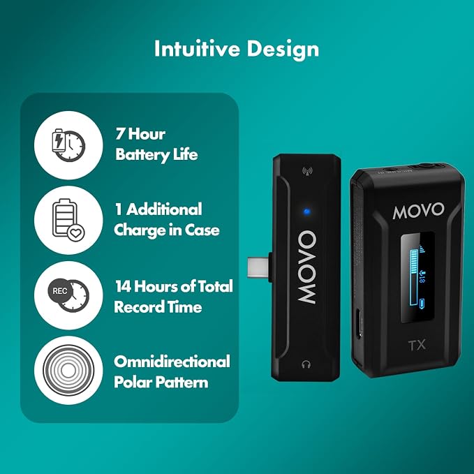 Movo WMX-2-C Wireless Microphone for USB-C Devices – Wireless Lavalier Mic System with Charging Case – Clip-On Lapel Mic for iPhone 15 and Up, Android, iPad Pro, MacBook – 7HR Battery, 328ft Range