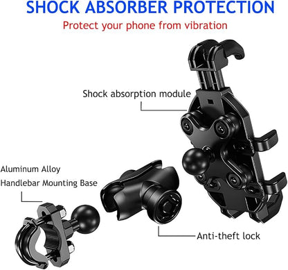 Motorcycle Phone Mount Holder, 360° Adjustable Anti-Theft Motorbike Handlebar Cellphone Mount with Vibration Dampener, Bike Smartphone Holder Clamp, Suitable for 5.1"-7" Phones