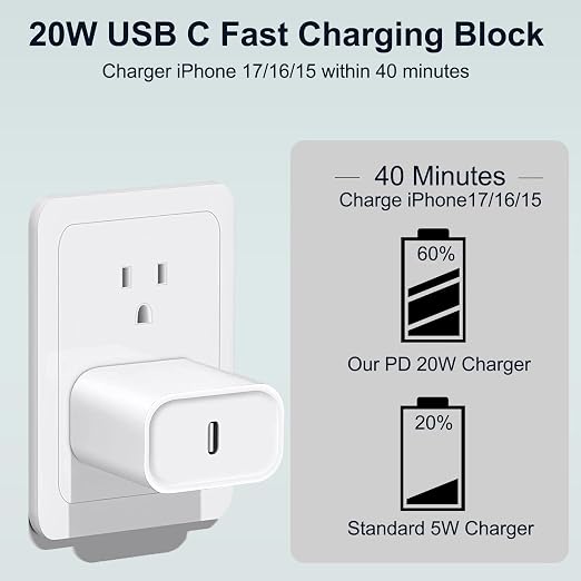 iPhone 17 16 15 Charger Fast Charging 20W Type C Charger Fast Charging with 6FT USB C Woven Cord for iPhone 17/17 Pro/17 Pro Max/17 Air/16/16e/16 Plus/16 Pro/16 Pro Max/15/15 Pro Max/iPad Pro/Air Pods