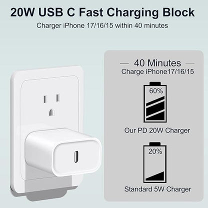 iPhone 17 16 15 Charger Fast Charging 20W Type C Charger Fast Charging with 6FT USB C Woven Cord for iPhone 17/17 Pro/17 Pro Max/17 Air/16/16e/16 Plus/16 Pro/16 Pro Max/15/15 Pro Max/iPad Pro/Air Pods