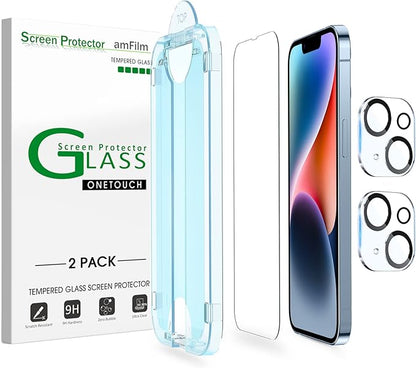 amFilm Tempered Glass Screen Protector + Camera Lens Protector for iPhone 14 6.1, Easy OneTouch Installation, Auto-alignment, Bubble Free Case Friendly, Anti-Scratch (Pack of 2)