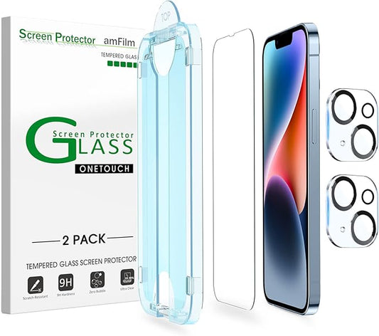amFilm Tempered Glass Screen Protector + Camera Lens Protector for iPhone 14 6.1, Easy OneTouch Installation, Auto-alignment, Bubble Free Case Friendly, Anti-Scratch (Pack of 2)