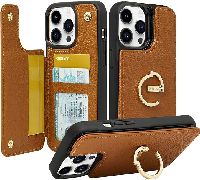 CUSTYPE for iPhone 14 Pro Max case Wallet with Card Holder, 180° Rotation Ring Holder Stand Card Slots Case,PU Leather Double Snap Cover with Wallet for iPhone 14 pro max 6.7 "-Brown