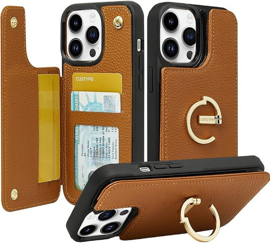CUSTYPE for iPhone 14 Pro Wallet Case with Card Holder,180°Folding Ring Kickstand Card Slots,Leather Case with Wallet for Women and Men for iPhone 14 Pro 6.1"-Brown