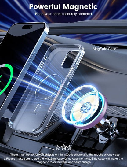 MOKPR for Magsafe Car Mount Charger-15W Wireless Car Charger-Magnetic Car Phone Holder for Dash Air Vent-LED RGB HandsFree Car Mount Fast Car Charger for iPhone 14/13/12 Series