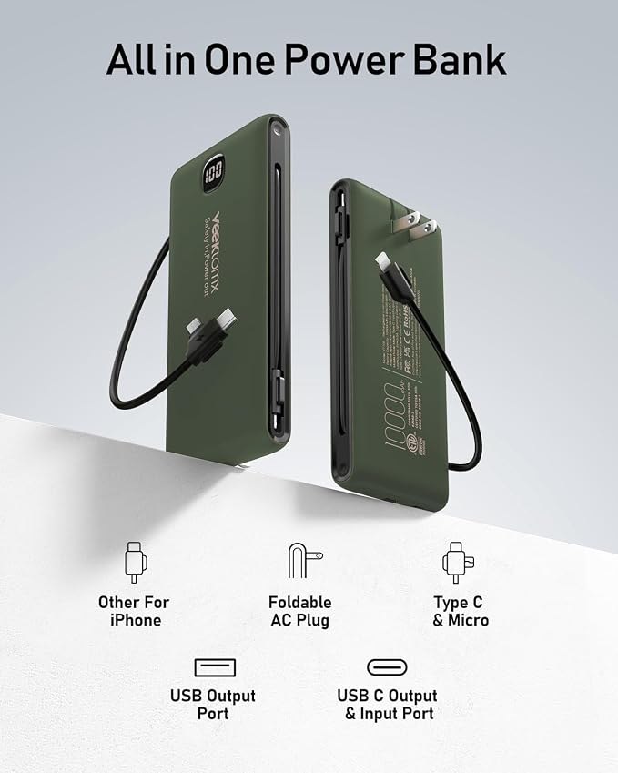 VEEKTOMX Portable Charger with Built in Cables 10000mAh, Power Bank for iPhone with Wall Plug, Travel Essential Fast Charging USB C Slim External Battery Pack for iPhone 17/16/15, Samsung, iPad, etc